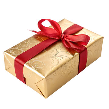 Gold Gift Box with Red Ribbon: Perfect for Holidays and Special Occasions isolated on transparent background