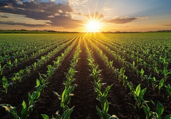 Sun Rising Over Expansive Green Cornfield with Rows of Young Plants and Dramatic Clouds in Sky, Symbolizing Growth and New Beginnings