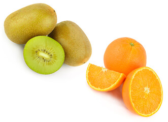 Ripe juicy kiwi and orange isolated on white background. Collage.