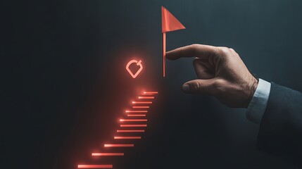 A businessmana??s hand interacting with a virtual screen that shows a checkmark, stairs, and a red flag icon, symbolizing the successful attainment of objectives against a dark background