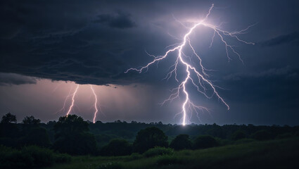 Lightning bolts striking trees during a dramatic thunderstorm at night