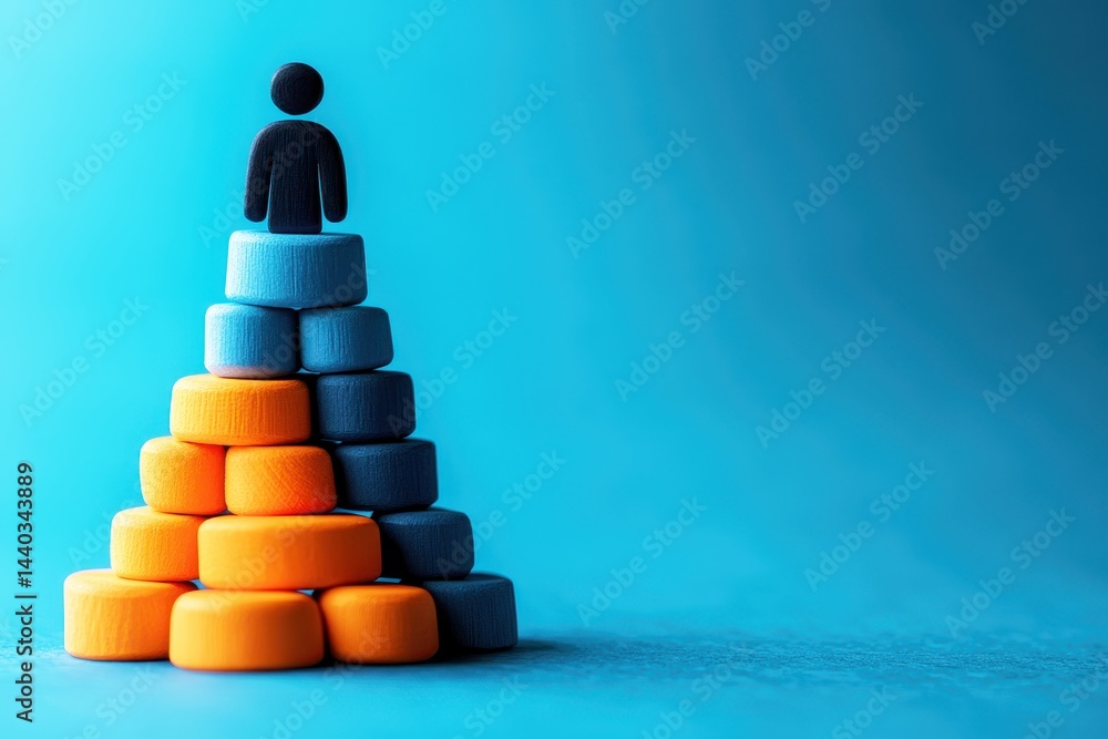 Poster abstract representation of achievement and success with a figure on top of colorful circular blocks 