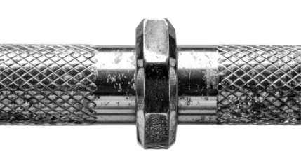 Close-up view of a shiny, metallic barbell used for weightlifting. transparent background