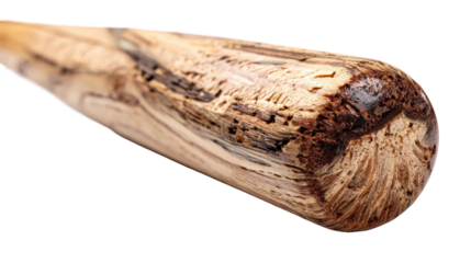 Close-up view of a wooden baseball bat's textured handle. transparent background