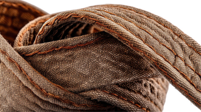 Close-up view of a textured, rolled fabric belt in brown tones. transparent background
