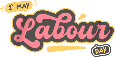 1 st may Happy Labour Day groovy pink sticker design isolated on white background. Labour day motto sticker, tag, retro label, banner, ribbon, label png with quote. 1 may international worker day