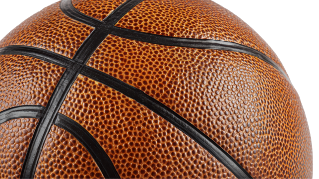 Close-up view of a textured basketball with intricate details. transparent background