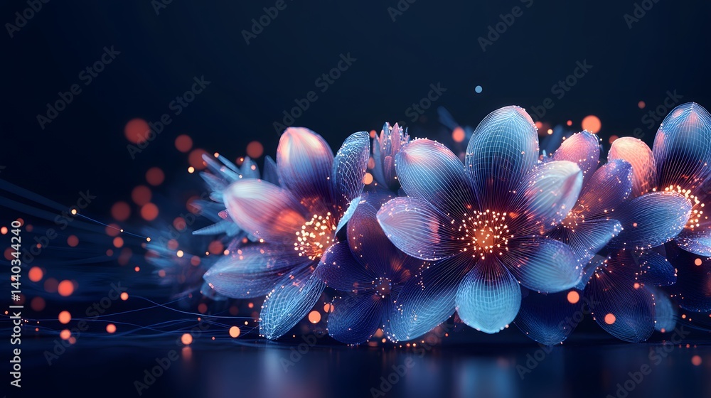 Poster stylized floral composition features line-art flowers with a blue-to-orange gradient. luminous orbs 
