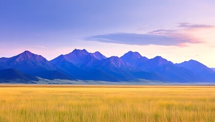 Obraz premium Serene sunset over golden field and majestic purple mountains