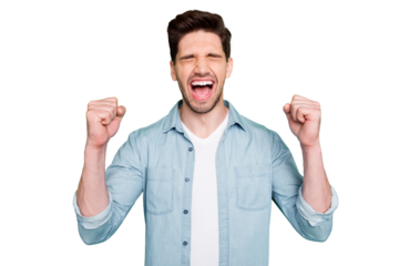 Photo of amazing crazy guy yelling loudly celebrating favorite football team victory raise fists up wear casual denim shirt isolated green color background