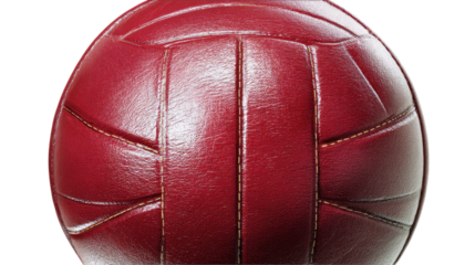 A close-up of a red leather volleyball with detailed stitching. transparent background