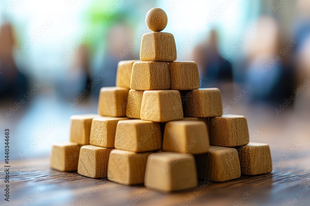 Poster wooden building blocks form stacked pyramid shape with one sphere on top representing leadership and