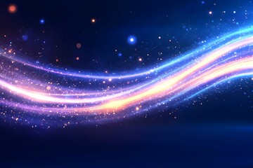 Glowing wave of light with sparkling particles on dark blue background