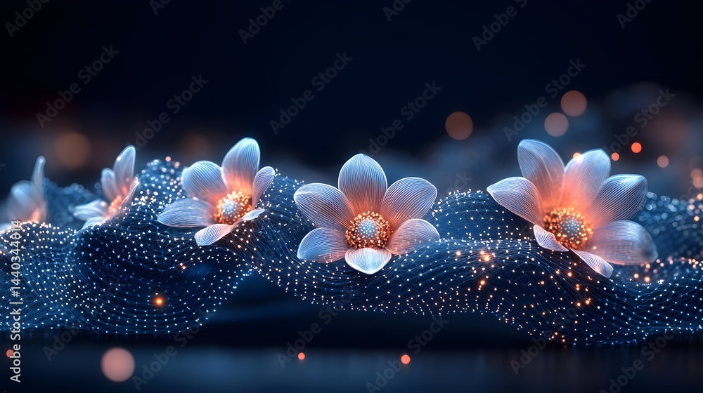Poster stylized glowing flowers rest on a wave of interconnected dots and lines against a dark background. 