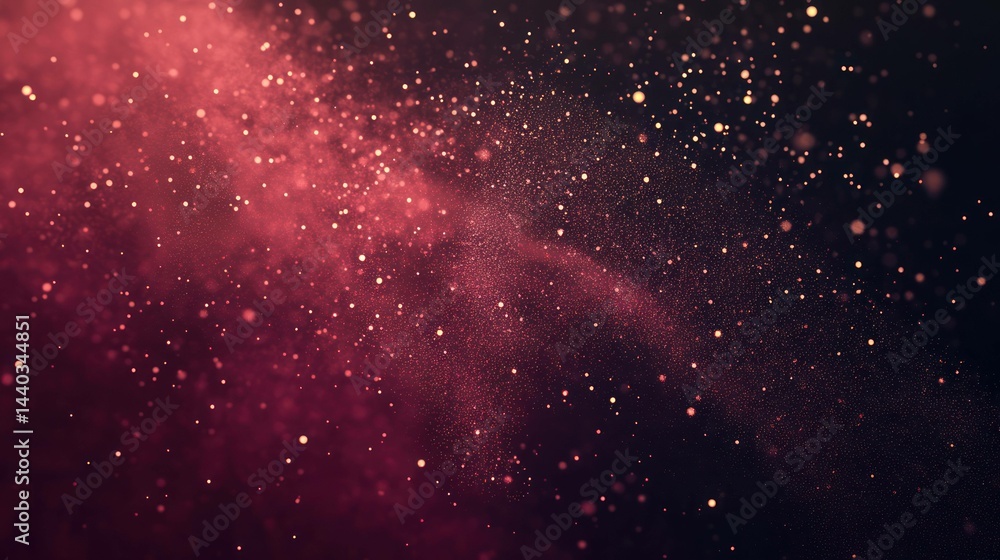Poster abstract background with pink and gold glitter particles floating in space.