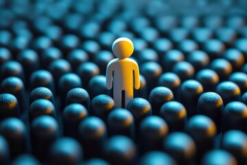 Fototapeta premium A Small Figure Standing Out Amongst Shadows in a Sea of Dark Shapes, Symbolizing Individuality and Isolation in a Modern World