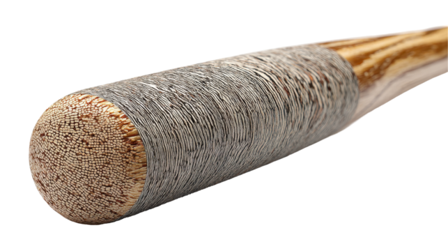 Close-up of a baseball bat handle with textured grip surface. transparent background