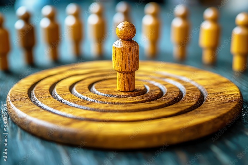 Poster wooden figure centered on spiral pattern symbolizing focus and direction in a group setting, capturi