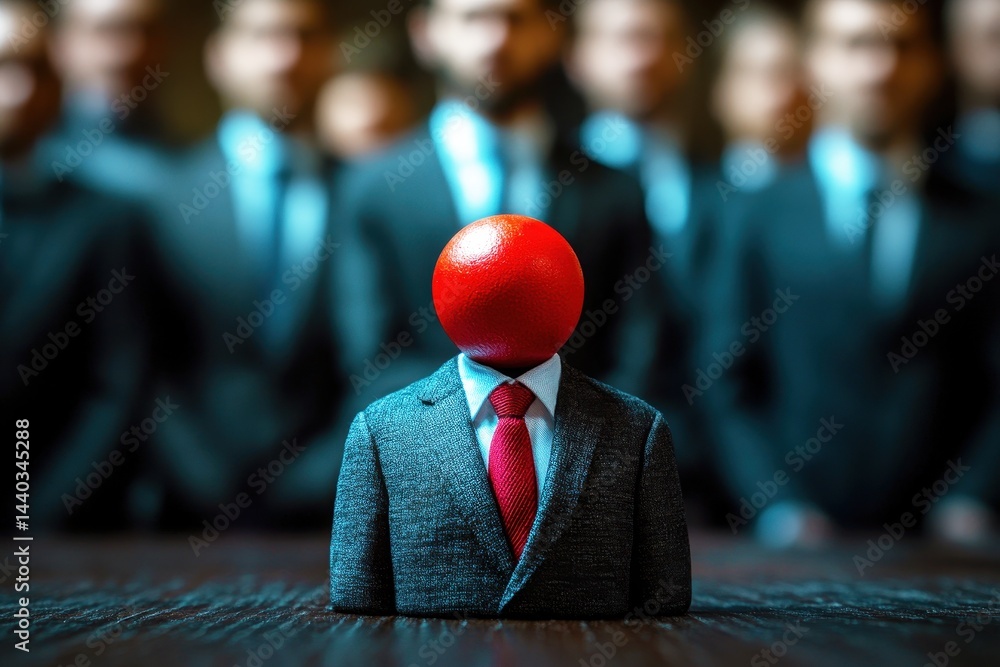 Poster abstract representation of individuality with headless figure and red ball, surrounded by a group of