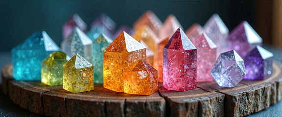 Colorful Resin Crystal Points Cluster on Wooden Slice Spiritual Mystical Healing Energy Gems