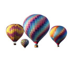 Hot air balloons over a lake, with a colorful checkered pattern, on a transparent background
