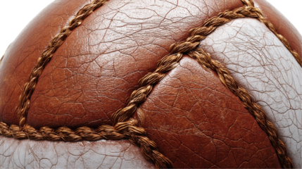Close-up of a vintage leather soccer ball with unique stitching. transparent background