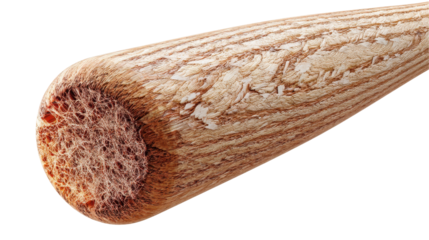 Close-up of a wooden baseball bat showing detailed texture. transparent background