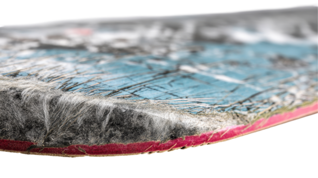 Close-up of a weathered skateboard deck with vibrant colors. transparent background