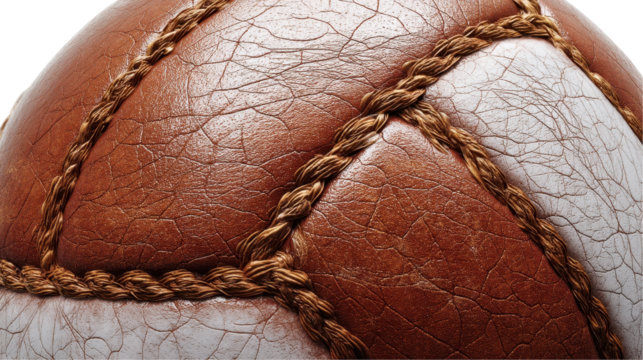 Close-up of a vintage leather soccer ball with unique stitching. transparent background - Powered by Adobe