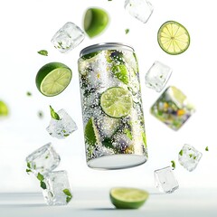 Lime Mint Drink Can with Ice, and White.