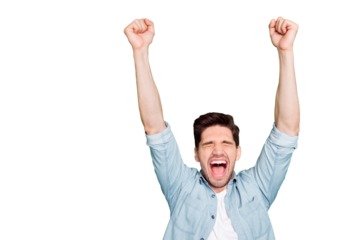 Photo of brown haired ecstatic overjoyed rejoicing man crazy with happiness of victorious glory he has obtained with his eyes shut isolated over green vivid color background