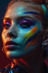 Vibrant beauty with bold makeup and a mesmerizing gaze under colorful studio lighting.