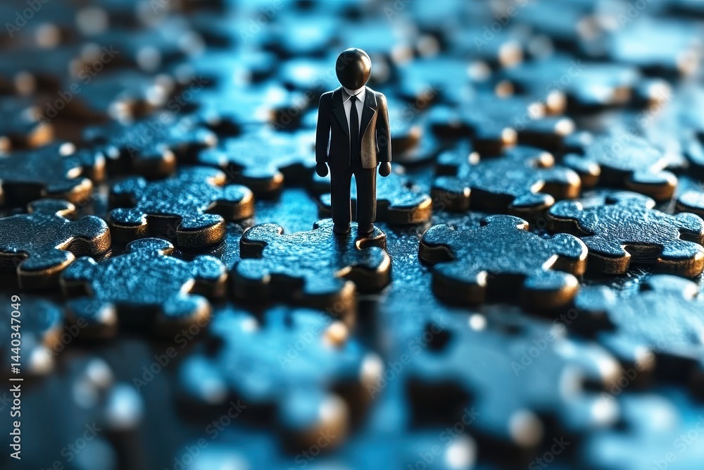 Poster businessman figure standing alone on dark jigsaw puzzle pieces, symbolizing problem solving and deci
