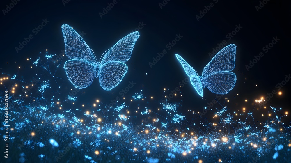 Poster A futuristic, bioluminescent landscape unfolds with glowing flora and wireframe butterflies under a dark sky. Illuminated structures mimic dandelions. Abstract wireframe in dark blue