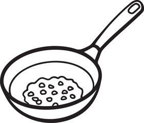 frying pan with scrambled egg line art, black outline, vector and illustration, coloring book page line art drawing