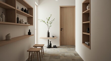 Fototapeta premium Minimalist Entryway Home Decor with Wooden Shelves