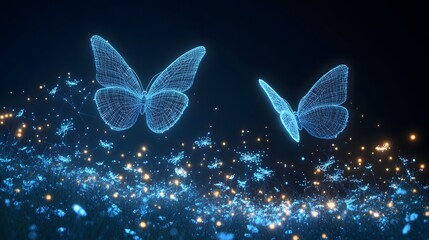 A futuristic, bioluminescent landscape unfolds with glowing flora and wireframe butterflies under a dark sky. Illuminated structures mimic dandelions. Abstract wireframe in dark blue