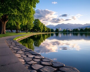 Serene lakeside path, stone wall, lush trees reflecting in calm water under a sunset sky, mountains in the distance