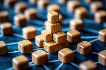 Wooden Blocks Arranged in a Pyramid on a Geometric Background, Symbolizing Strategy, Structure, and Teamwork in Business and Education