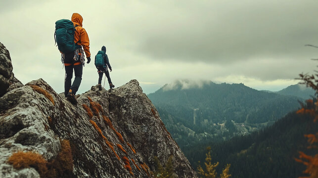 Two hikers trekking along a rocky mountain ridge, enjoying the landscape on a cloudy day.
