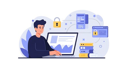 Man Working on Laptop with Data Security Visualization