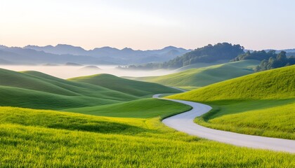 Obraz premium Serene sunrise over rolling green hills, a winding road meandering through the misty valley