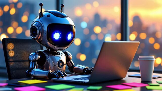 A futuristic robot working diligently on a laptop in a modern office with colorful sticky notes