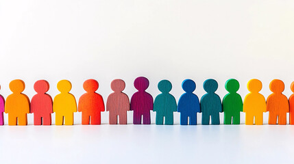 A vibrant display of diverse wooden figures arranged together on a bright white surface.