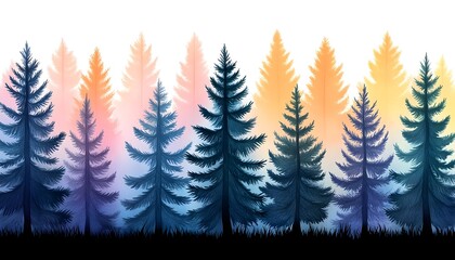 Silhouetted evergreen trees at sunrise/sunset, colorful hazy sky