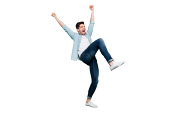 Full body profile photo of carefree crazy guy yelling celebrating favorite football team victory raise fists and leg wear denim shirt isolated green color background