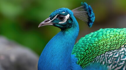 Fototapeta premium A peacock displaying its vibrant plumage, with feathers in shades of blue and green, while the background is blurred to emphasize the bird's beauty.
