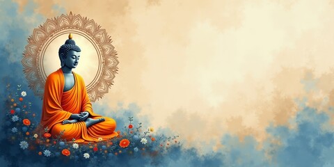 Meditating Buddha with Mandala and Floral Accents