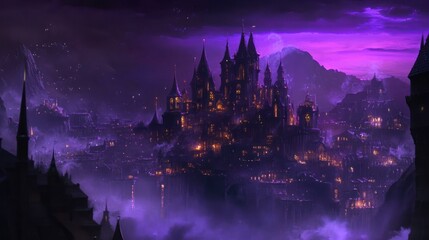 Fototapeta premium A fantasy city with a large castle and moody purple sky.