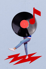 Abstract trend collage of strange person with vinyl record body dancing moving